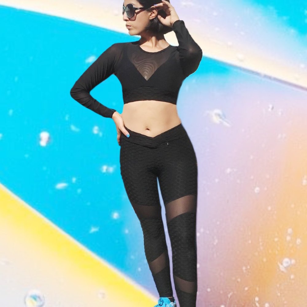 Activewear Workout Sport Cropped Top Leggings Textured Long Sleeve Blk Various